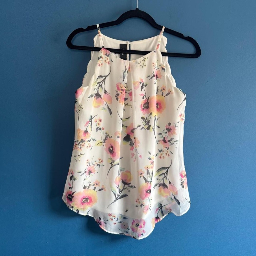 B.Wear Floral Blouse Women's Size Medium White Pink Scallop Office Femme Twee